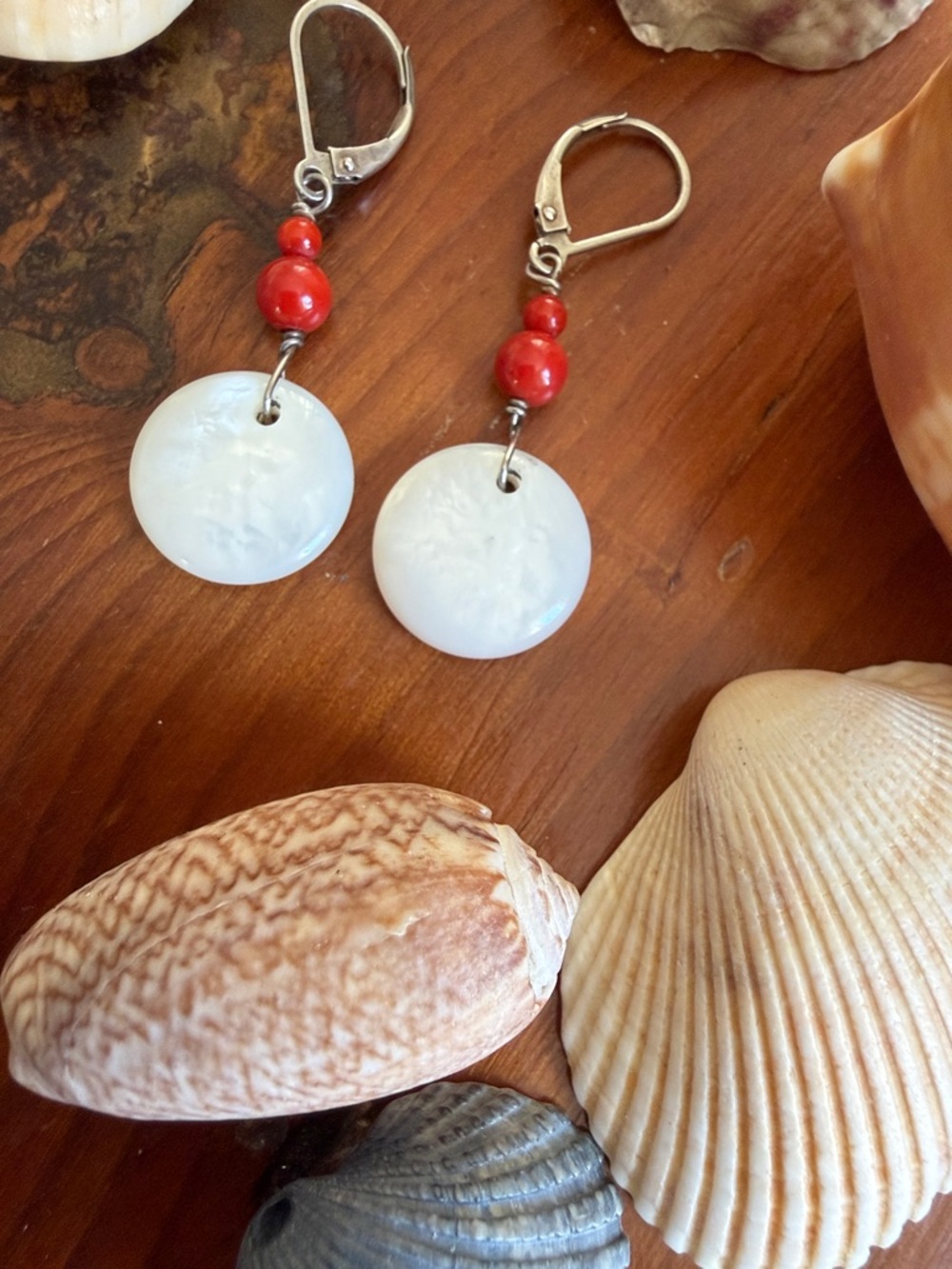 Mother of pearl and coral drop earrings
